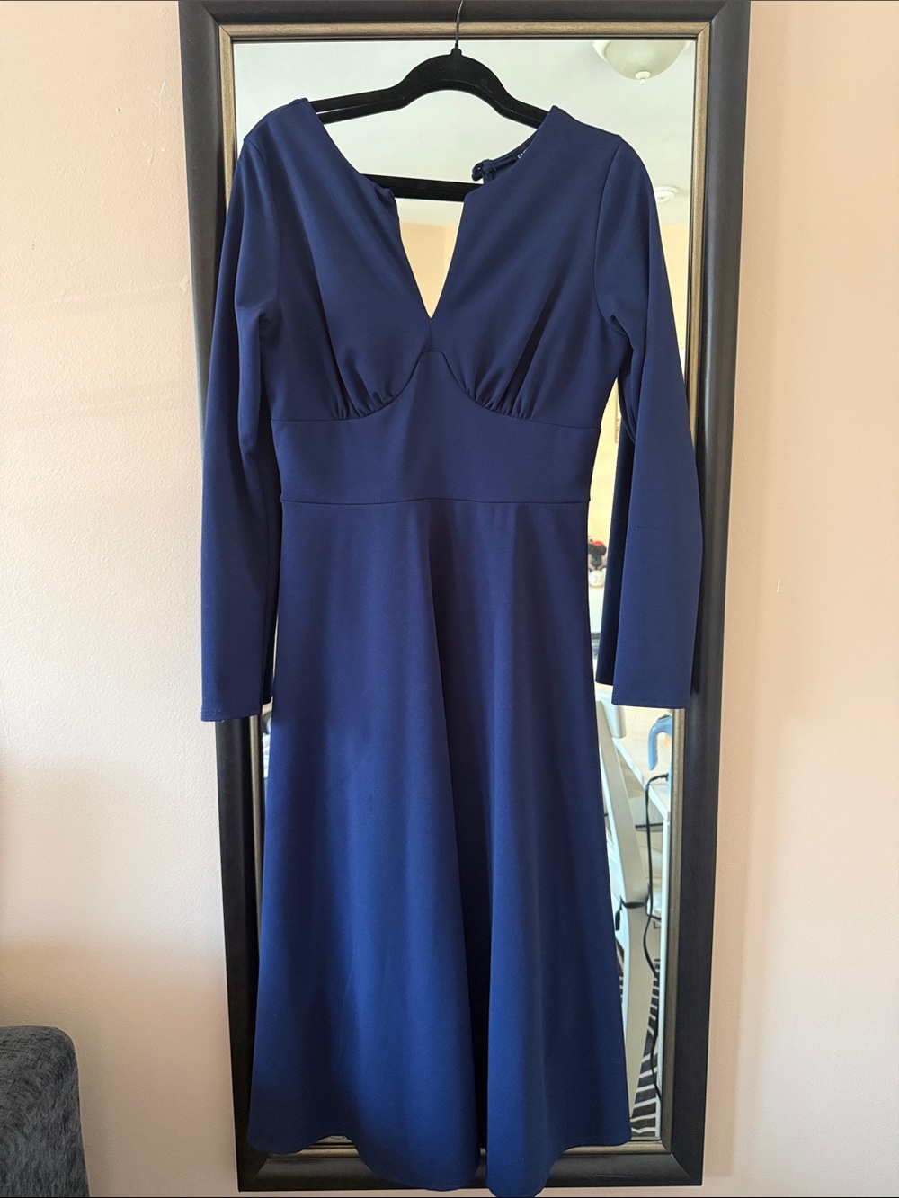 Fashion Nova Navy Long Sleeve V-Neck Midi Dress
